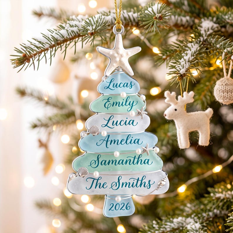 Custom Sea Glass Tree 2026 Acrylic Ornament, Beach Family Christmas Decor, Coastal Keepsake