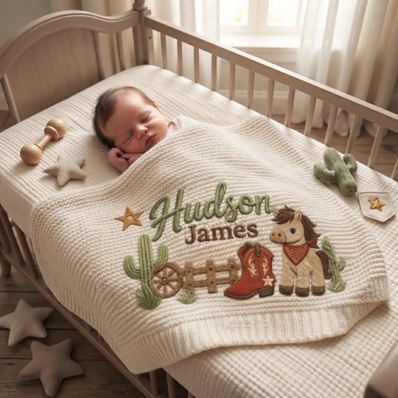 Personalized Cowboy Horse Baby Blanket Name, Custom Embroidered Cowboy Hat Boot Baby Shower Gift