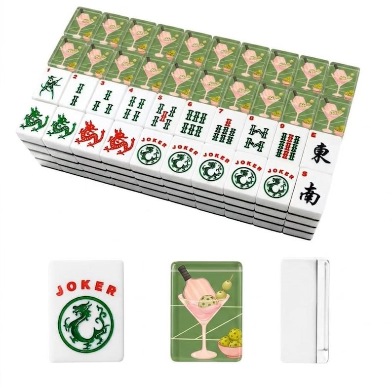 Cocktail Pickleball Themed Mahjong Set, Unique Mahjong Game, Mahjong Gift (166 Piece)