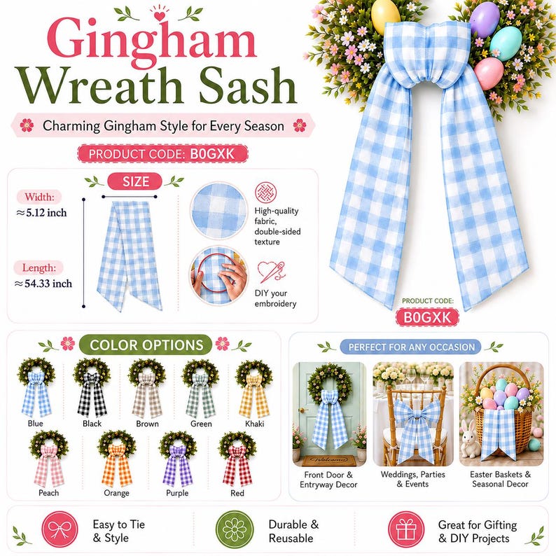 Embroidered It's a Boy Baby Gingham Wreath Sash, Custom Baby Announcement Ribbon Bow, Newborn Chair Sash Decor