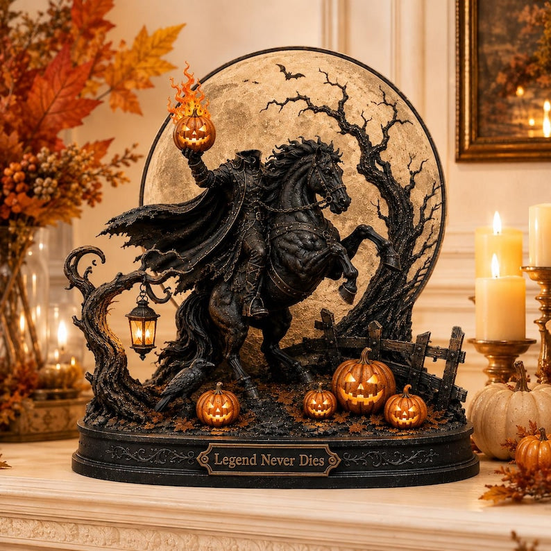 Headless Horseman Halloween Decor, Gothic Horse Rider Statue, Spooky Shelf Sitter, Jack O Lantern, Fall Mantel Decor
