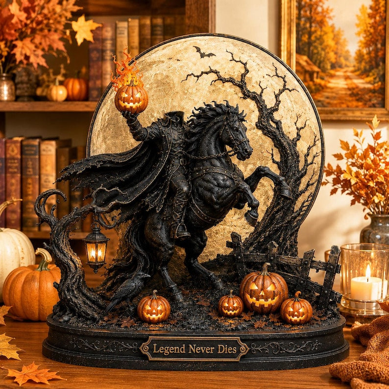 Headless Horseman Halloween Decor, Gothic Horse Rider Statue, Spooky Shelf Sitter, Jack O Lantern, Fall Mantel Decor