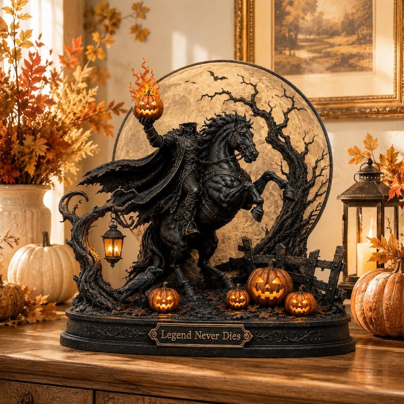 Headless Horseman Halloween Decor, Gothic Horse Rider Statue, Spooky Shelf Sitter, Jack O Lantern, Fall Mantel Decor
