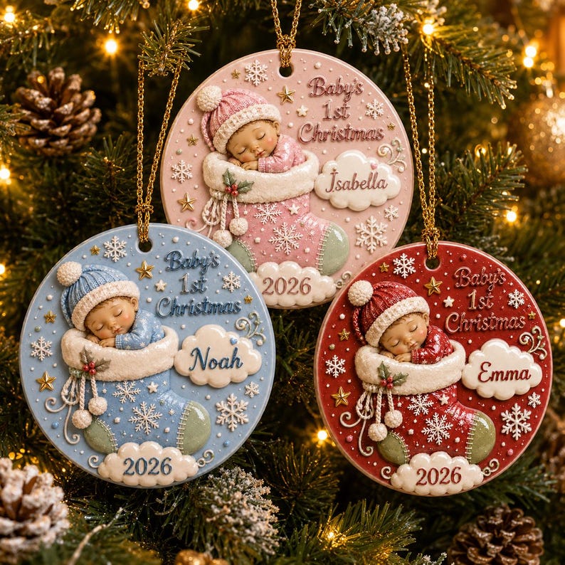 Baby First Christmas Ornament 2026, Personalized 3D Relief Round Ceramic Ornament, Custom Name Newborn Keepsake