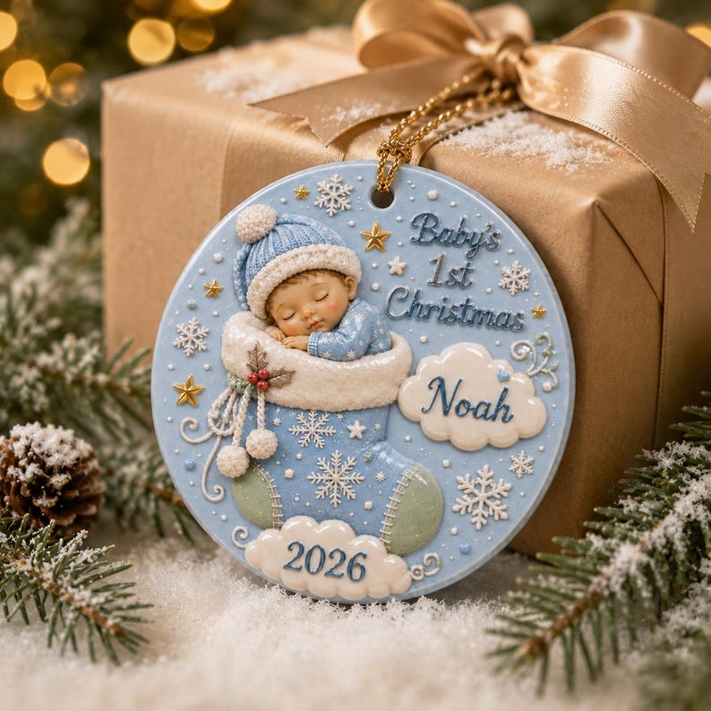 Baby First Christmas Ornament 2026, Personalized 3D Relief Round Ceramic Ornament, Custom Name Newborn Keepsake