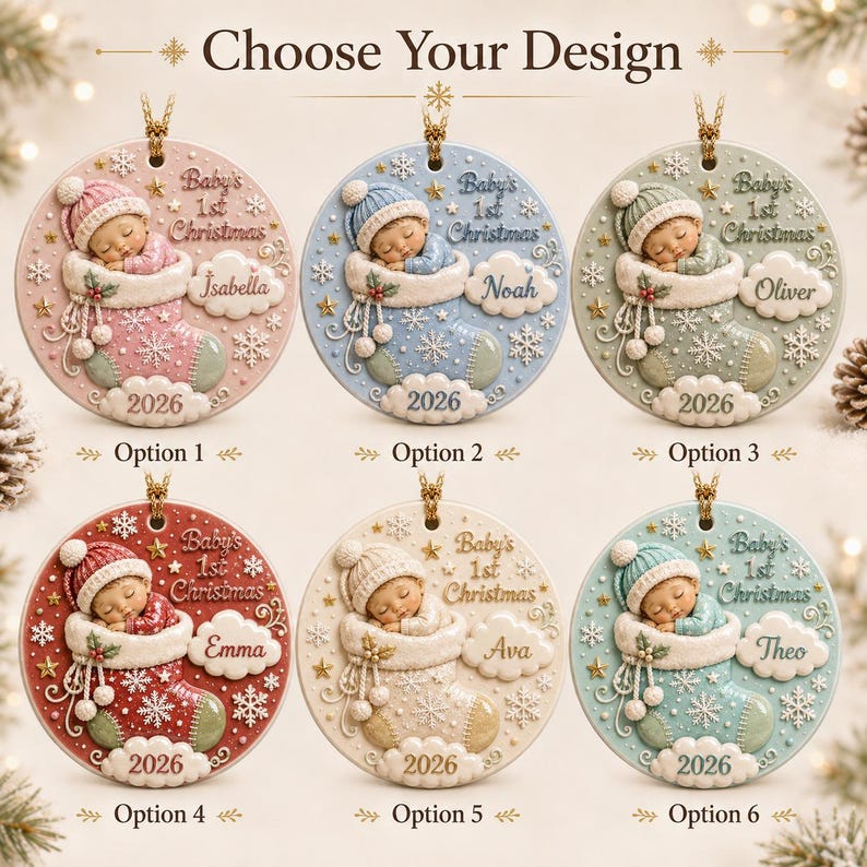 Baby First Christmas Ornament 2026, Personalized 3D Relief Round Ceramic Ornament, Custom Name Newborn Keepsake