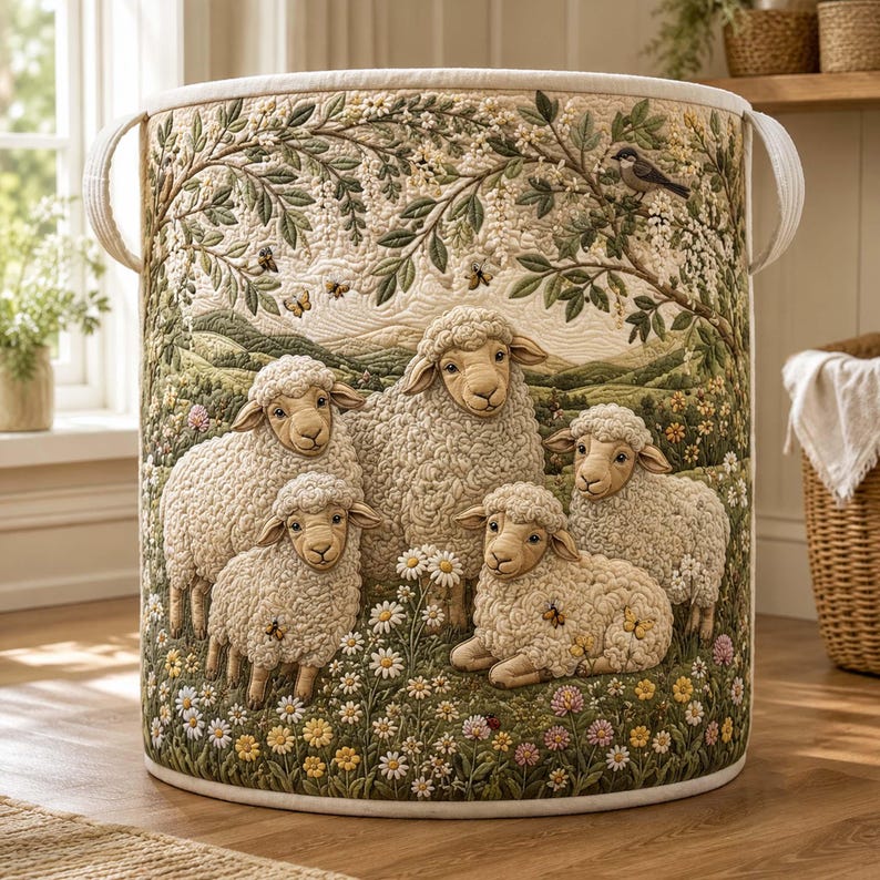 Sheep Heaven Quilted Laundry Basket, Cute Lamb Clothes Hamper, Farmhouse Storage Bin