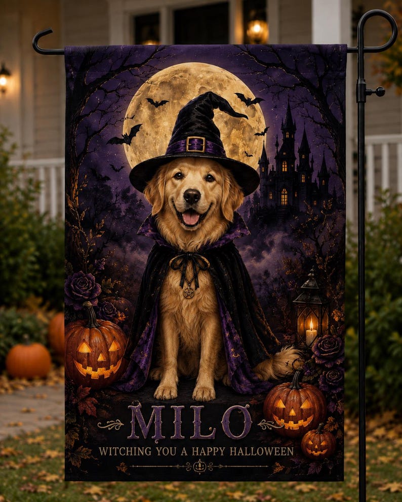 Custom Pet Halloween Garden Flag, Personalized Witch Dog Portrait, Pet Name Fall Yard Decor, Spooky Porch Flag
