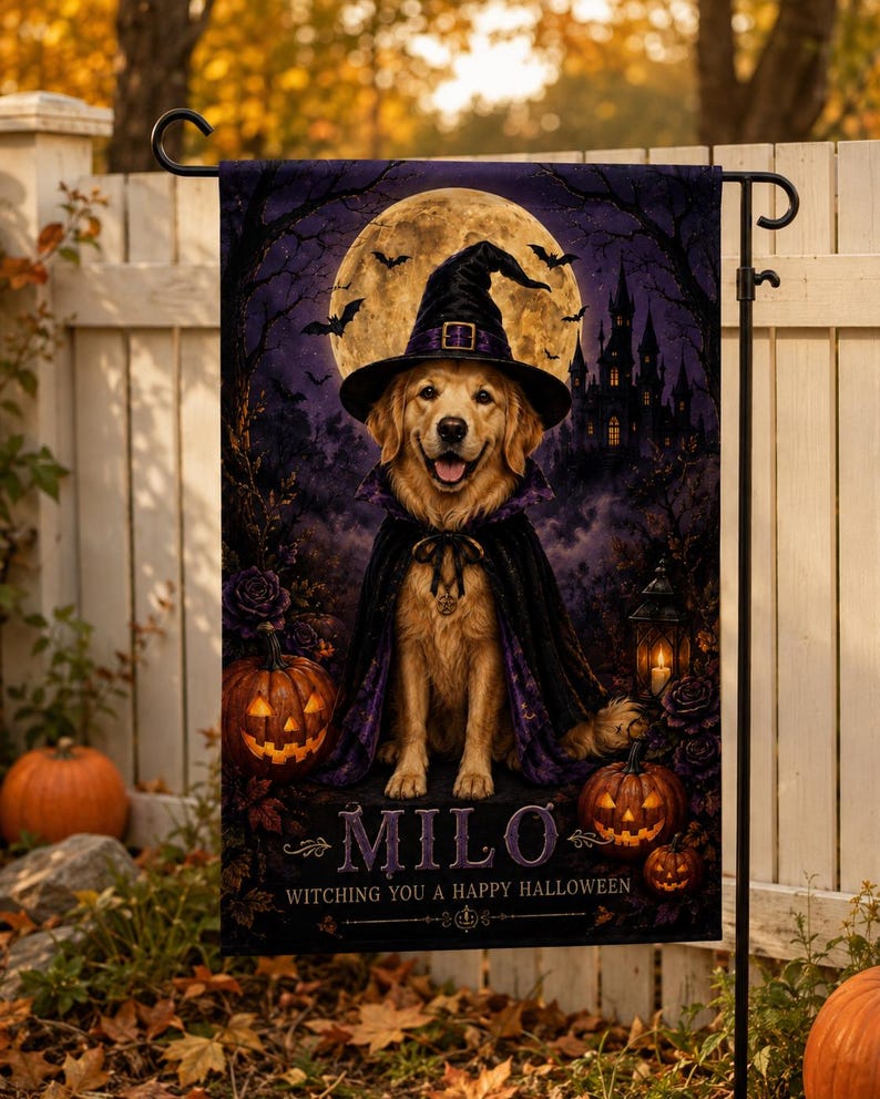 Custom Pet Halloween Garden Flag, Personalized Witch Dog Portrait, Pet Name Fall Yard Decor, Spooky Porch Flag