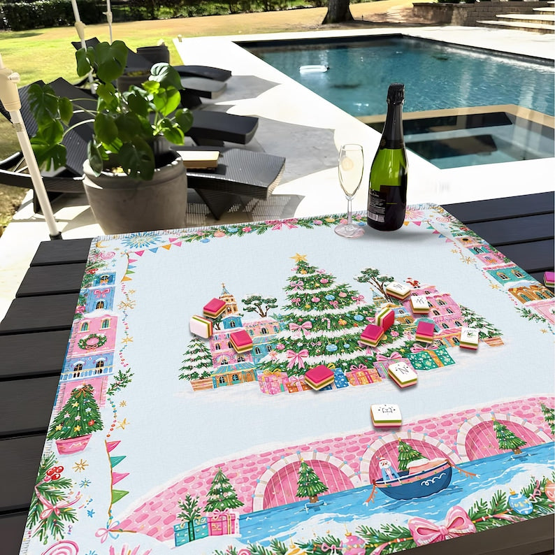Christmas Mahjong Mat With Santa Sleigh Scenic Winter Village Art, Festive Holiday Game Table Mat, Unique Xmas Gift