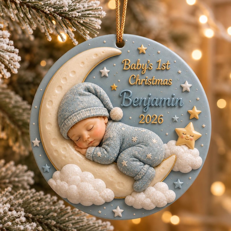 Personalized 3D Relief Baby's First Christmas Ornament 2026, Custom Name Ceramic Keepsake