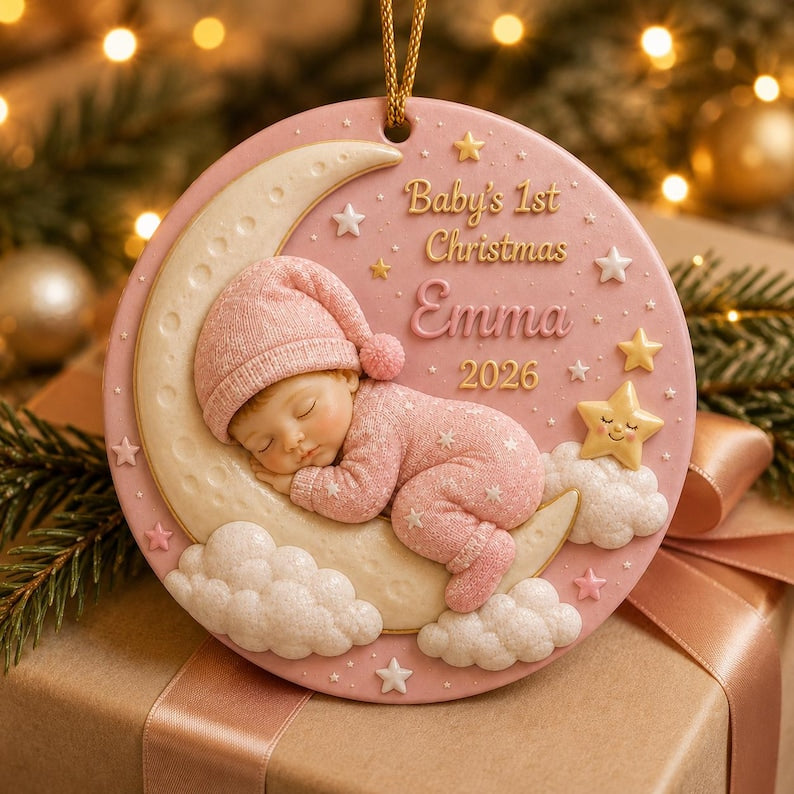 Personalized 3D Relief Baby's First Christmas Ornament 2026, Custom Name Ceramic Keepsake