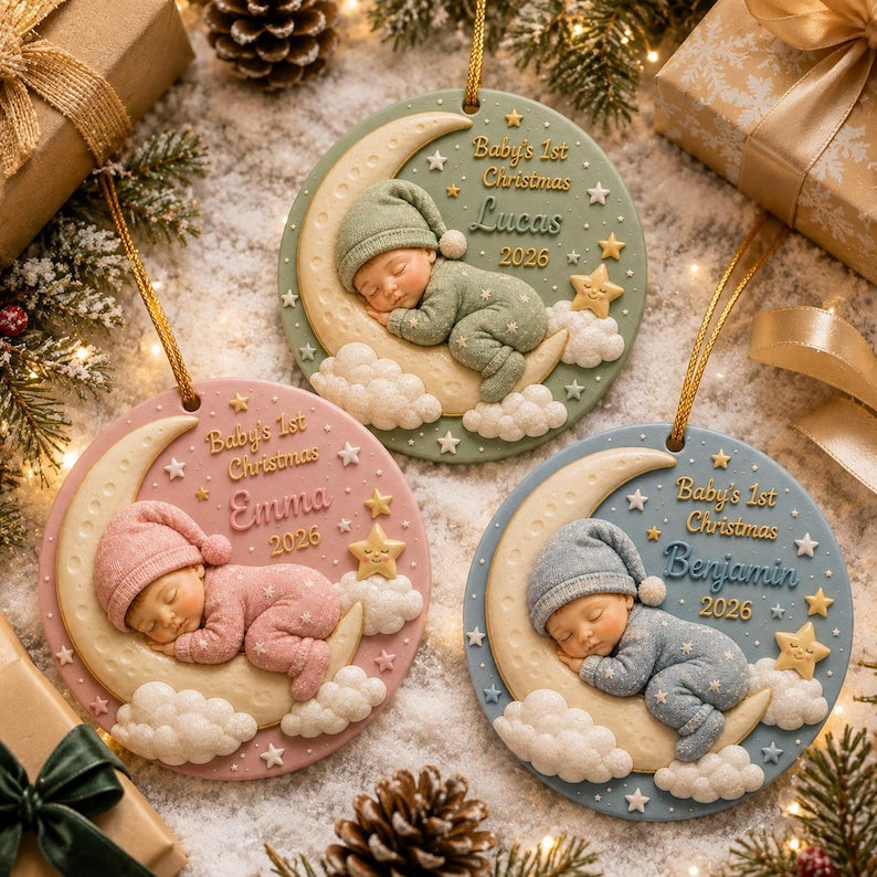 Personalized 3D Relief Baby's First Christmas Ornament 2026, Custom Name Ceramic Keepsake