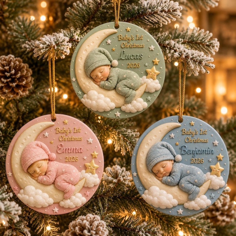 Personalized 3D Relief Baby's First Christmas Ornament 2026, Custom Name Ceramic Keepsake