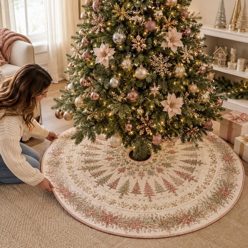 Elegant Christmas Tree Skirt, Luxury Gold Navy Quilted Tree Skirt, Floral Christmas Decor, Elegant Holiday Tree Mat