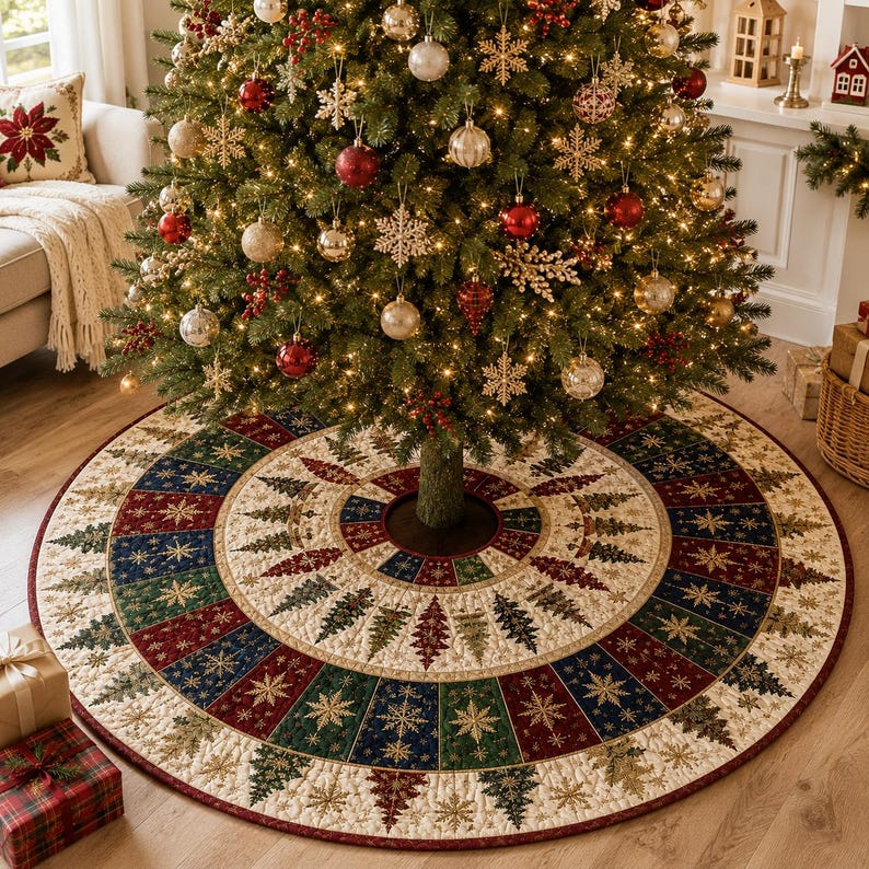 Elegant Christmas Tree Skirt, Luxury Gold Navy Quilted Tree Skirt, Floral Christmas Decor, Elegant Holiday Tree Mat