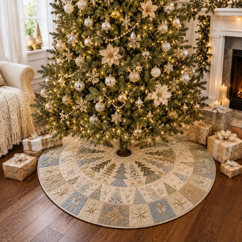 Elegant Christmas Tree Skirt, Luxury Gold Navy Quilted Tree Skirt, Floral Christmas Decor, Elegant Holiday Tree Mat