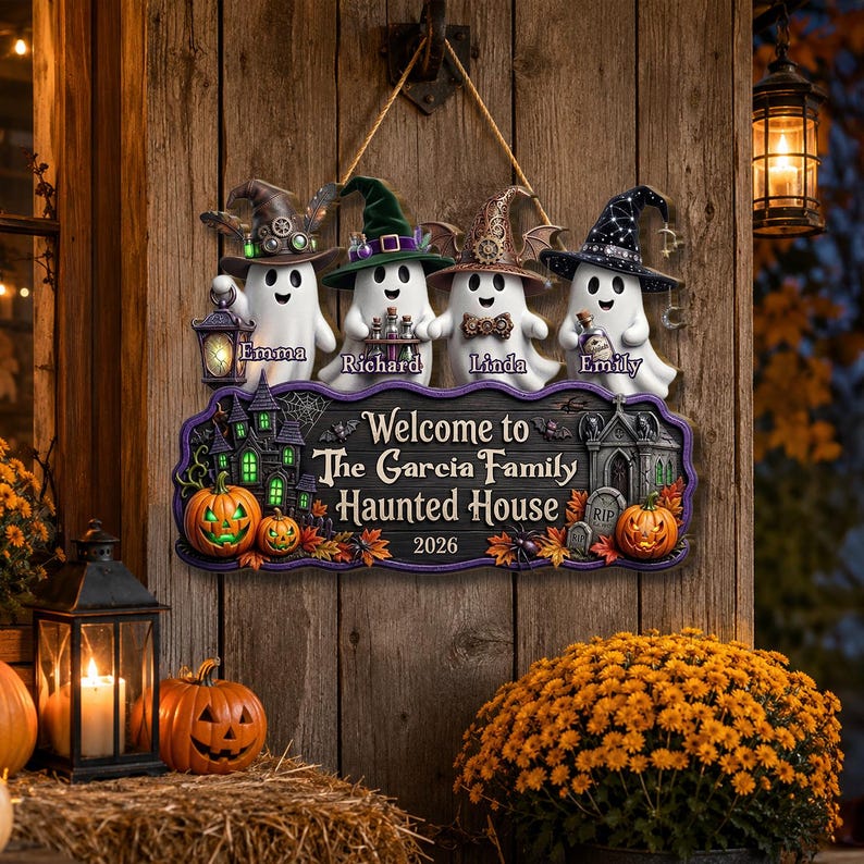 Halloween Welcome To Family Haunted House Cute Boo Kids Wood Sign, Custom Halloween Decor, Ghost Family Name Sign