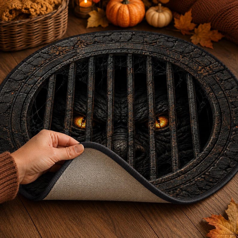 3D Monster Rug, Sewer Grate Floor Mat, Round Horror Area Rug, Gothic Halloween Decor