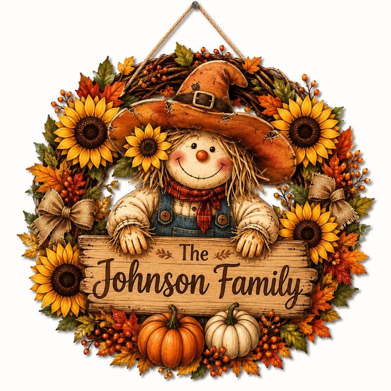 Personalized Scarecrow Sunflower Wreath Sign, Custom Family Name Fall Door Hanger, Thanksgiving Porch Decor