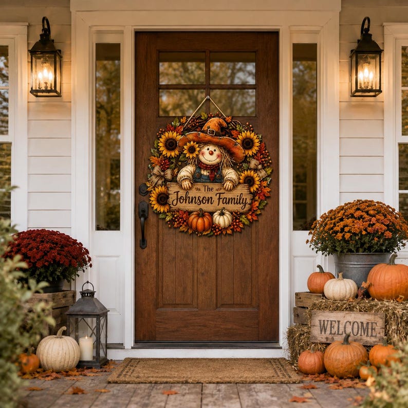 Personalized Scarecrow Sunflower Wreath Sign, Custom Family Name Fall Door Hanger, Thanksgiving Porch Decor
