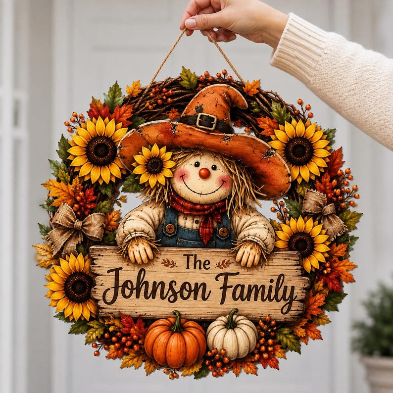 Personalized Scarecrow Sunflower Wreath Sign, Custom Family Name Fall Door Hanger, Thanksgiving Porch Decor