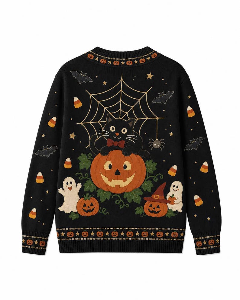 All-Over Print Knitted Cardigan, Black Halloween Ghost Pumpkin Button-Front Sweater