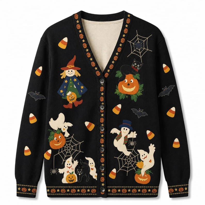 All-Over Print Knitted Cardigan, Black Halloween Ghost Pumpkin Button-Front Sweater