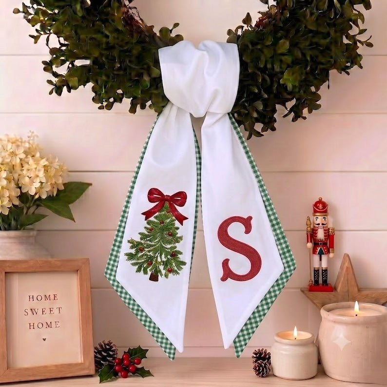 Embroidered Personalized Christmas Bow Tree Wreath Sash, Monogram Letter Embroidered Winter Embroidery Sash Door Decor