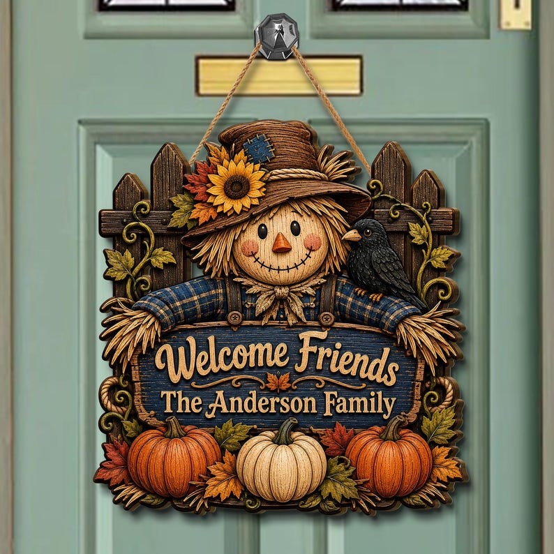 Personalized Scarecrow Halloween Wood Sign, Rustic Fall Front Door Decor, Pumpkin Patch Wall Art
