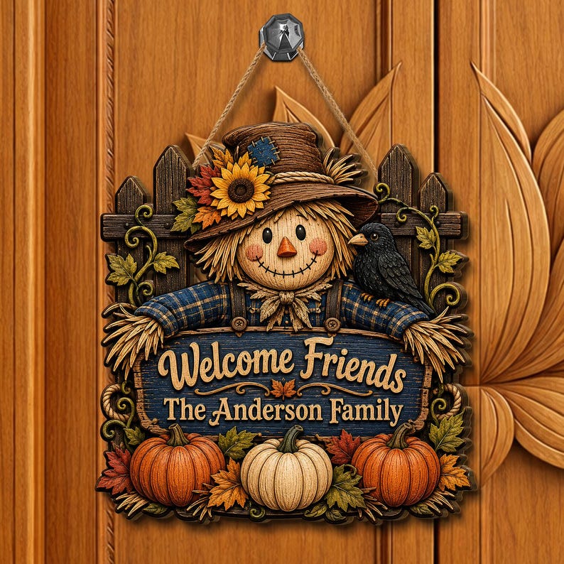 Personalized Scarecrow Halloween Wood Sign, Rustic Fall Front Door Decor, Pumpkin Patch Wall Art