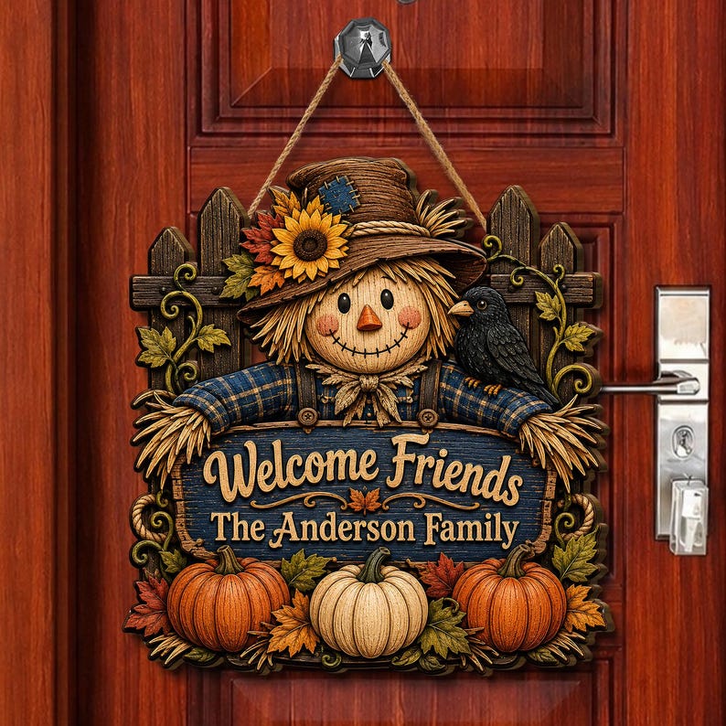 Personalized Scarecrow Halloween Wood Sign, Rustic Fall Front Door Decor, Pumpkin Patch Wall Art