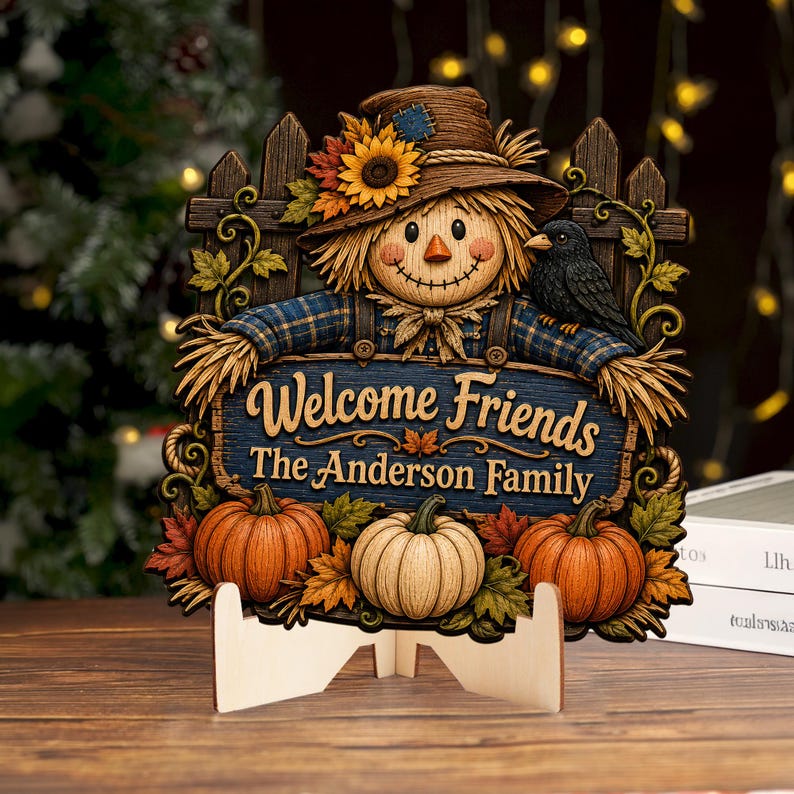 Personalized Scarecrow Halloween Wood Sign, Rustic Fall Front Door Decor, Pumpkin Patch Wall Art