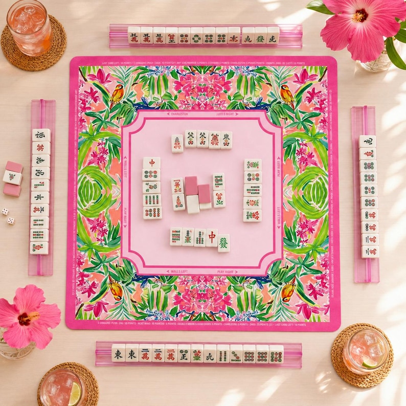 Pink Tropical Mahjong Mat American Mahjong Table Mat Palm Leaf Bird Game Mat Floral Game Night Hostess Gift