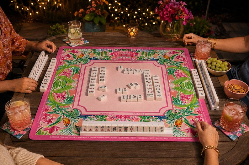 Pink Tropical Mahjong Mat American Mahjong Table Mat Palm Leaf Bird Game Mat Floral Game Night Hostess Gift