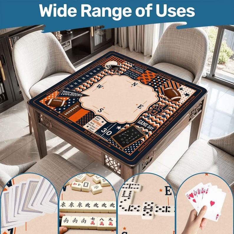 Navy & Orange Football Mahjong Mat, Game Day Patchwork Table Cover, American Mahjong Playmat