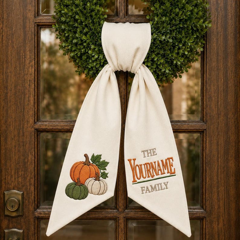 Personalized Fall Wreath Sash Bow, Custom Door Wreath Bow, Embroidered Pumpkin Wreath Sash