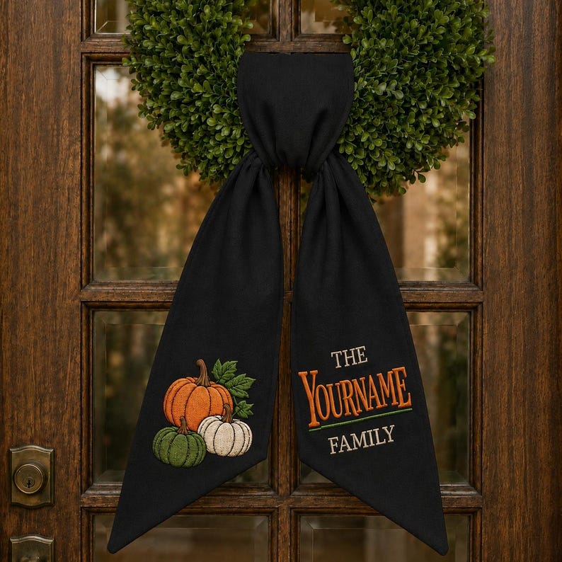 Personalized Fall Wreath Sash Bow, Custom Door Wreath Bow, Embroidered Pumpkin Wreath Sash