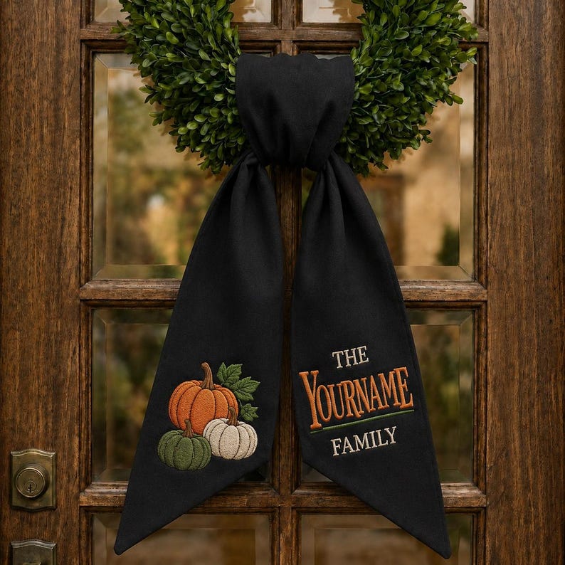 Personalized Fall Wreath Sash Bow, Custom Door Wreath Bow, Embroidered Pumpkin Wreath Sash