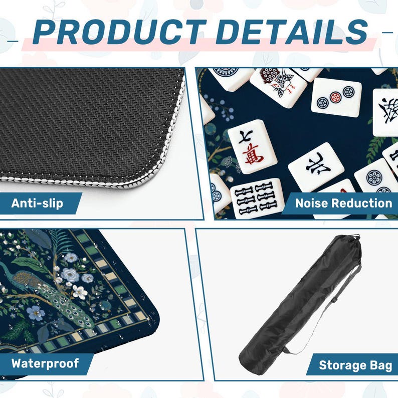 Navy Peacock Mahjong Mat, Midnight Botanical Mahjong Mat, Floral Garden Playing Mat, Elegant Mahjong Gift