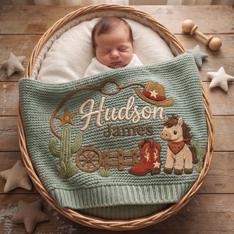 Personalized Cowboy Horse Baby Blanket Name, Custom Embroidered Cowboy Hat Boot Baby Shower Gift