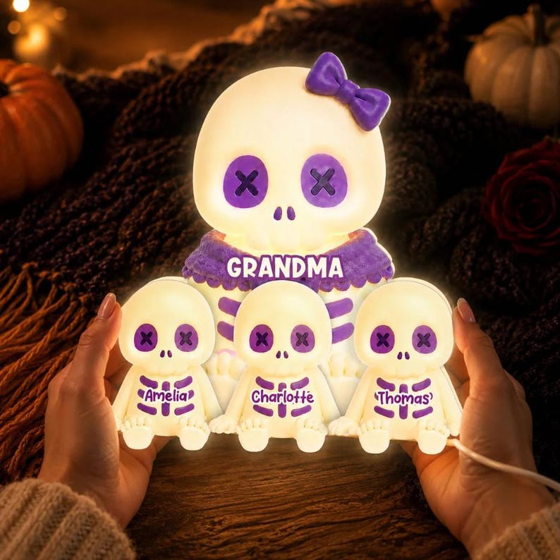 Cute Skeleton Grandma Grandkids Fall Halloween Decor, Personalized LED Light Box, Halloween Night Light