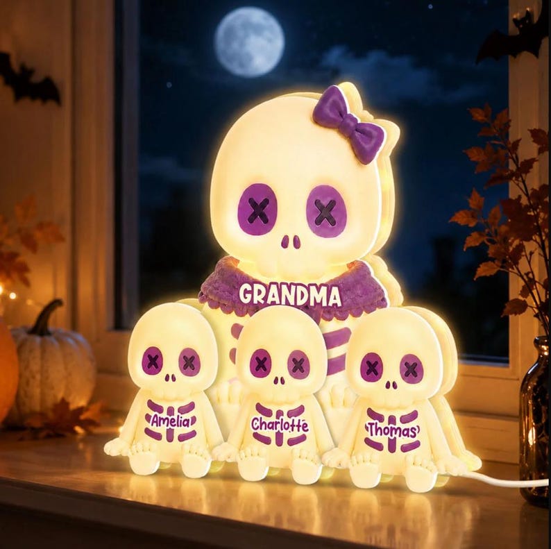 Cute Skeleton Grandma Grandkids Fall Halloween Decor, Personalized LED Light Box, Halloween Night Light