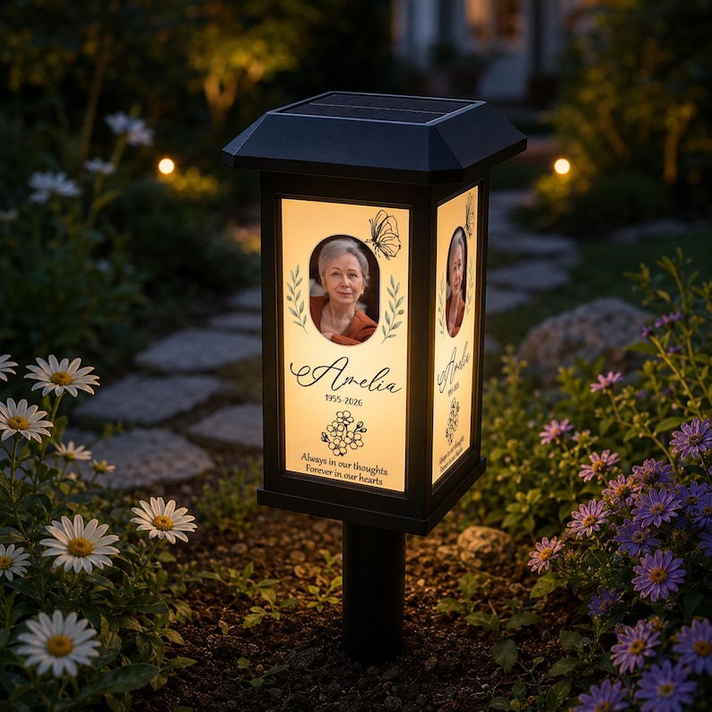 Personalized Memorial Garden Solar Light, Custom Photo Outdoor Lantern, Sympathy Gift, Remembrance Garden Decor