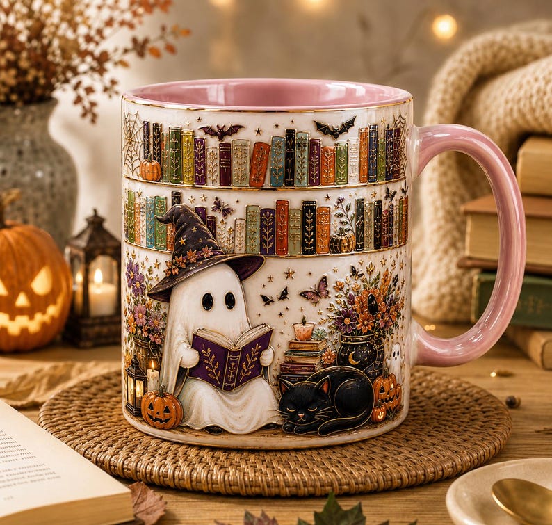 Ghost Reading Book Stained-Glass Style Mug, Cute Bookish Ghost Mug, Bookshelf Library Pottery, Spooky Librarian Mug