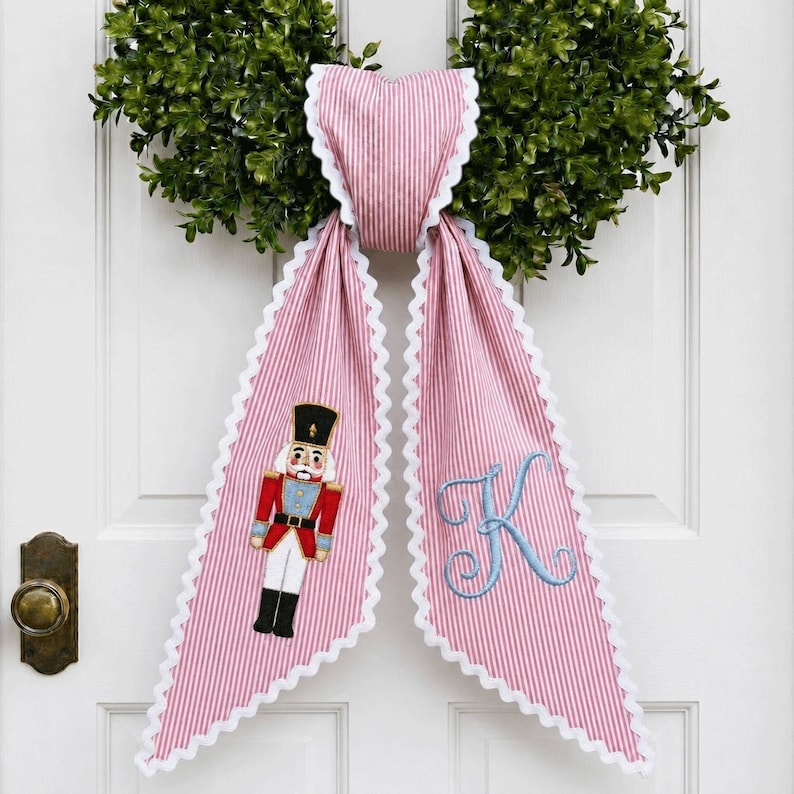 Nutcracker Christmas Wreath Sash Embroidered Custom Monogram Holiday Door Decor, Christmas Wreath Sash Decor