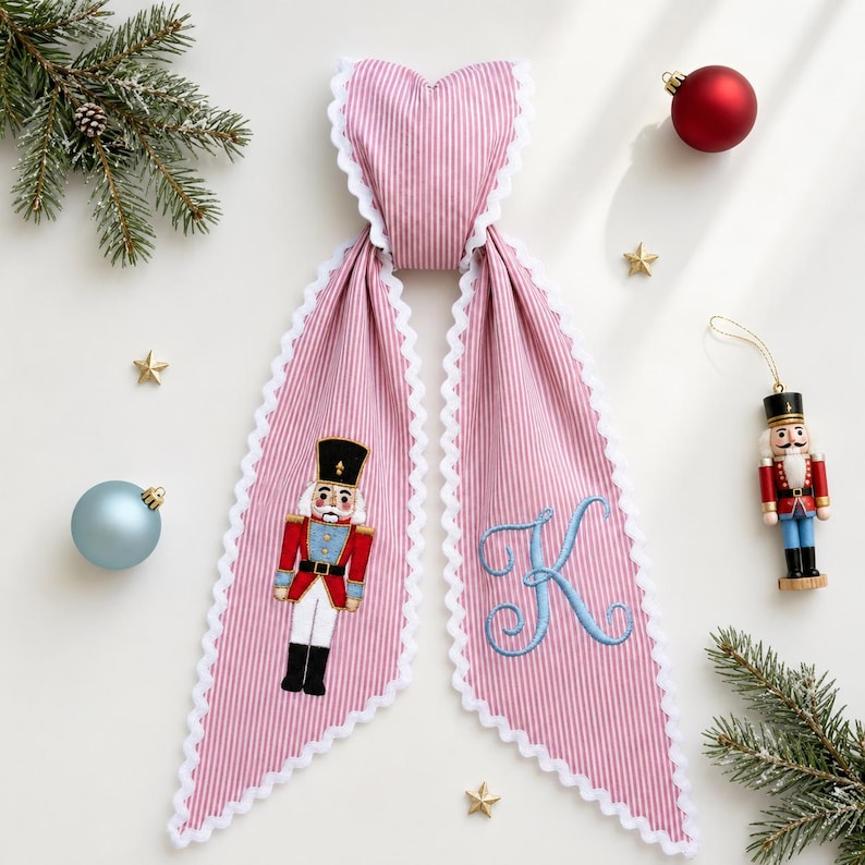 Nutcracker Christmas Wreath Sash Embroidered Custom Monogram Holiday Door Decor, Christmas Wreath Sash Decor
