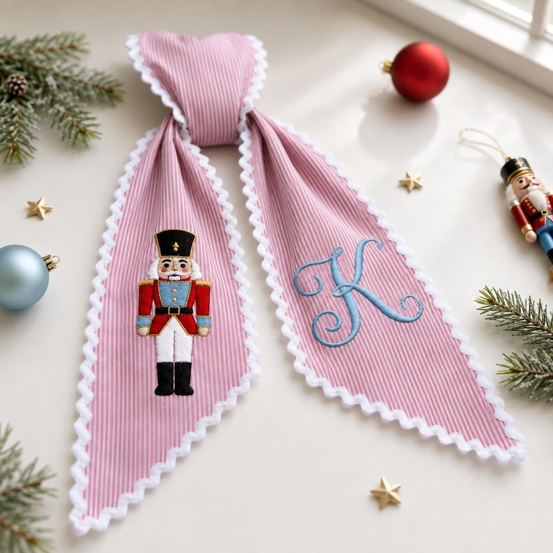 Nutcracker Christmas Wreath Sash Embroidered Custom Monogram Holiday Door Decor, Christmas Wreath Sash Decor