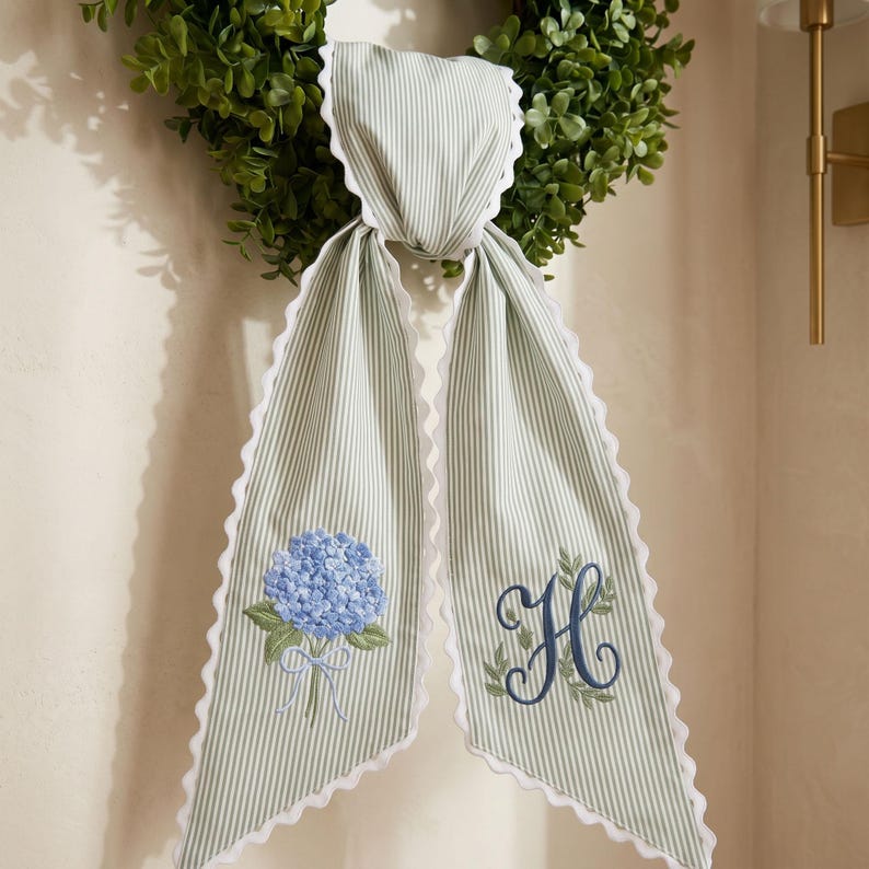 Custom Embroidery Hydrangea Wreath Sash, Personalize Monogram Bow Wedding Decor, Floral Ticking Stripe Ribbon