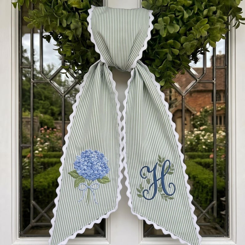 Custom Embroidery Hydrangea Wreath Sash, Personalize Monogram Bow Wedding Decor, Floral Ticking Stripe Ribbon